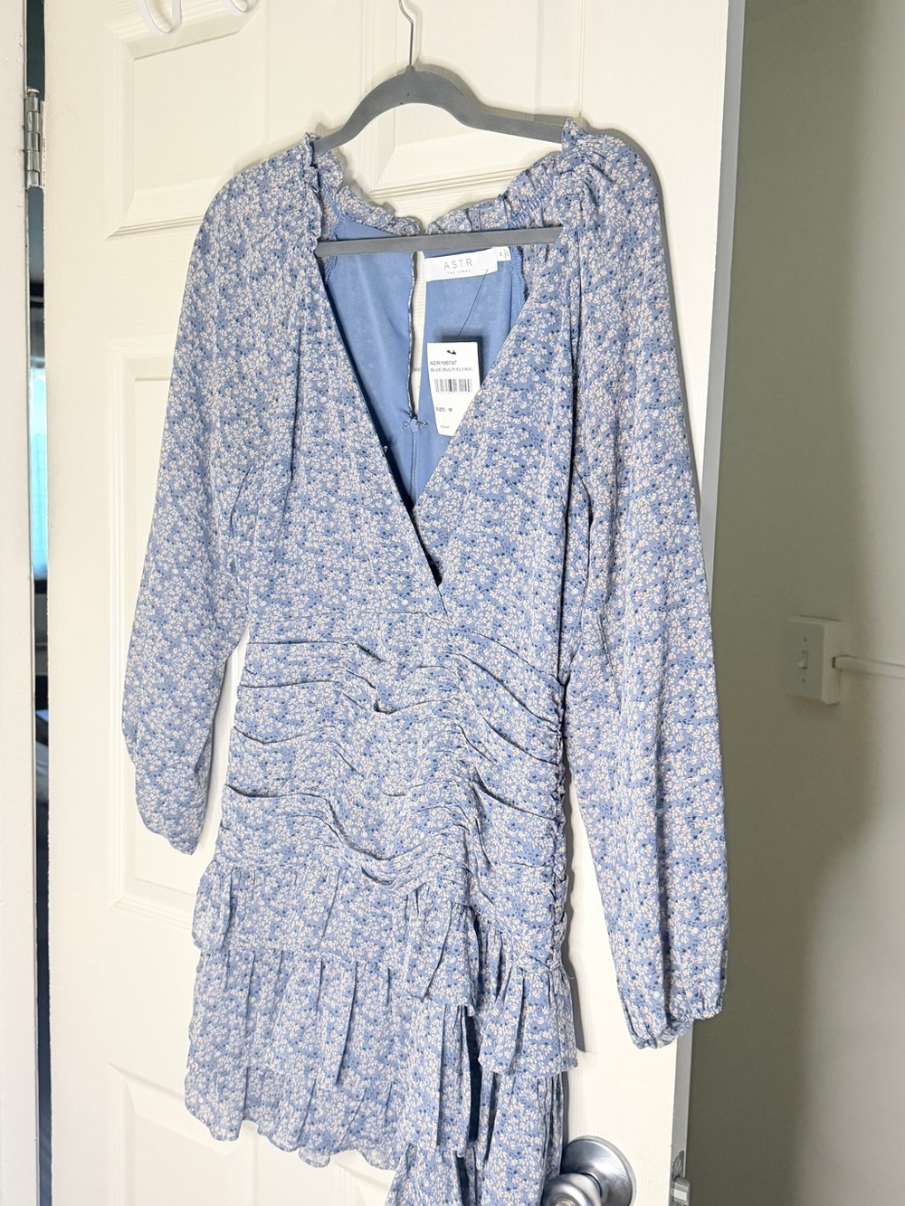 Astr Light Blue Floral Ruched Long-Sleeve Mini Dress